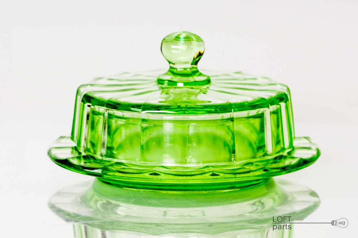 old glass green butter dish
